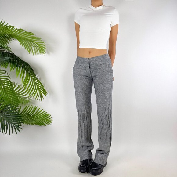 Womens Vintage Y2K Gray Linen Low Rise Indie Grunge Bootcut Chino Dress Pants /3 - Picture 3 of 7
